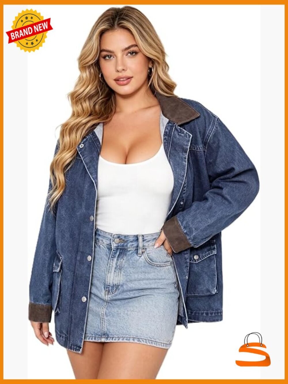 Oversized Y2K Denim Jacket Relaxed Fit Cotton Blend Faux Leather Collar